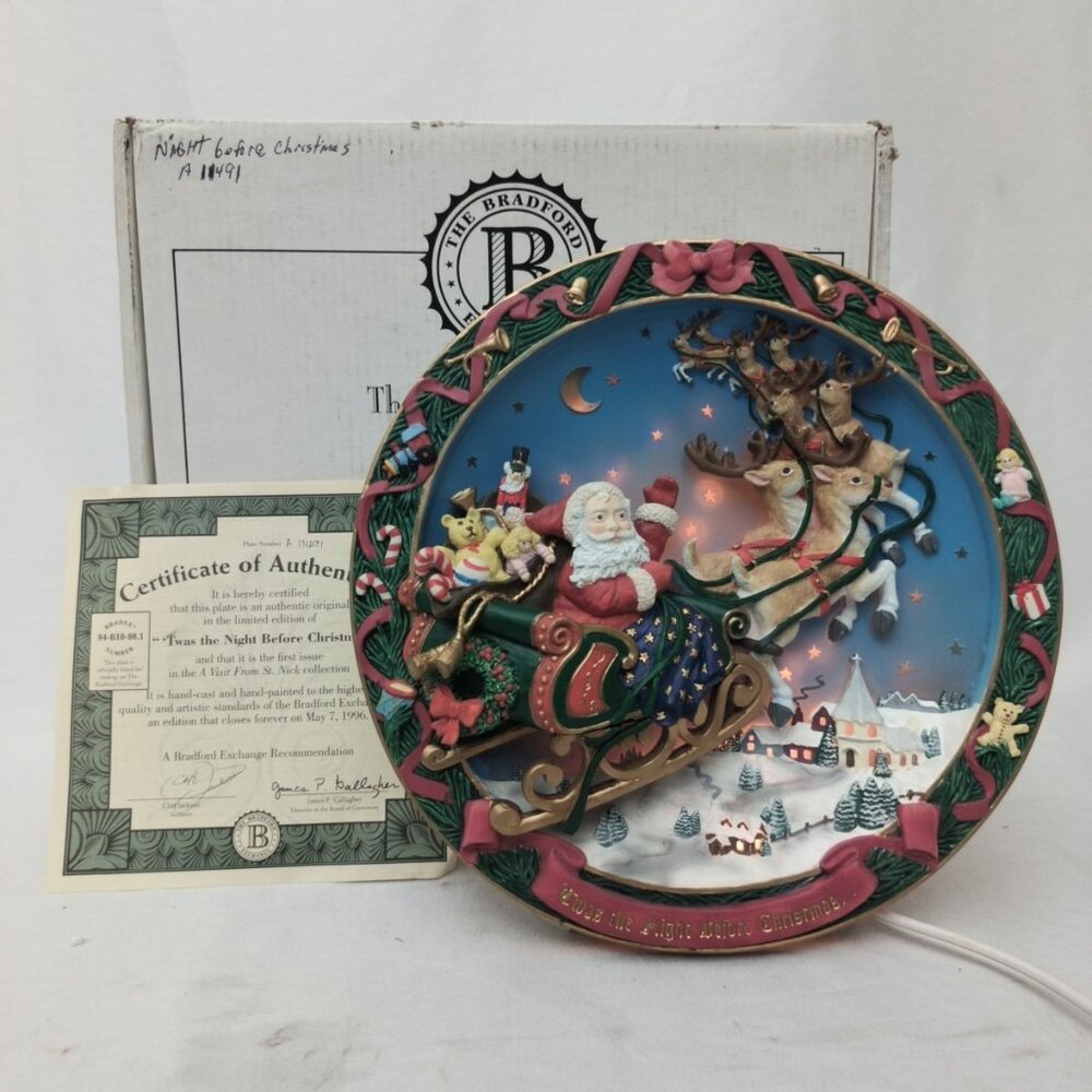 Bradford Exchange Twas The Night Before Christmas Light Up Plate W/COA 1994
